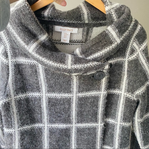 ELLEN TRACY Gray Grid Cowlneck Shawl Wool Sweater - Picture 8 of 9